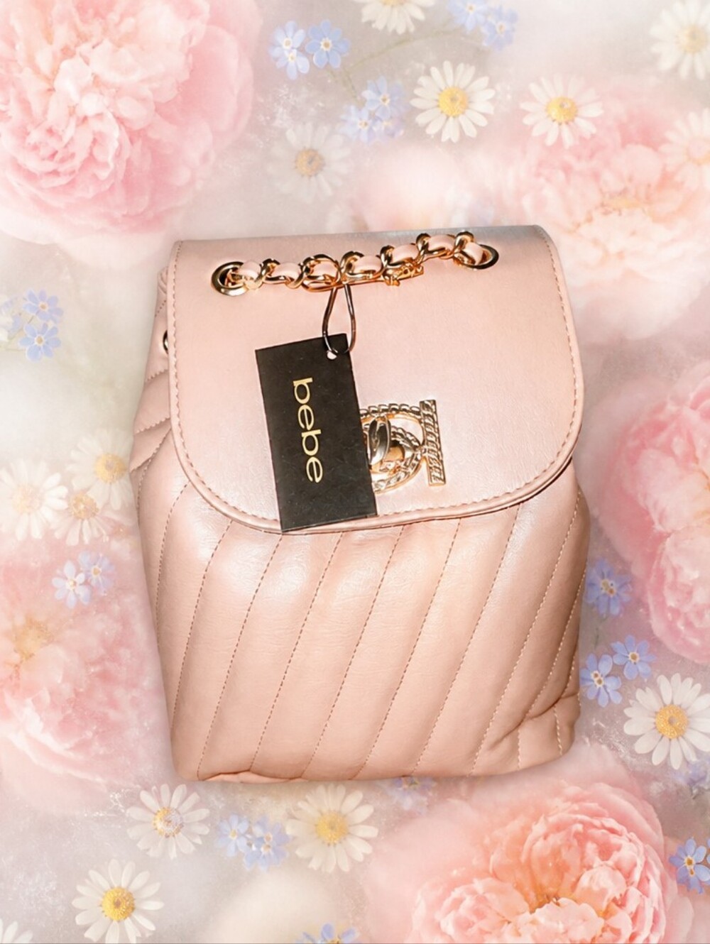 Bebe Women's Mini Backpack Blush Pink Quilted Faux Leather Gold Chain Logo New